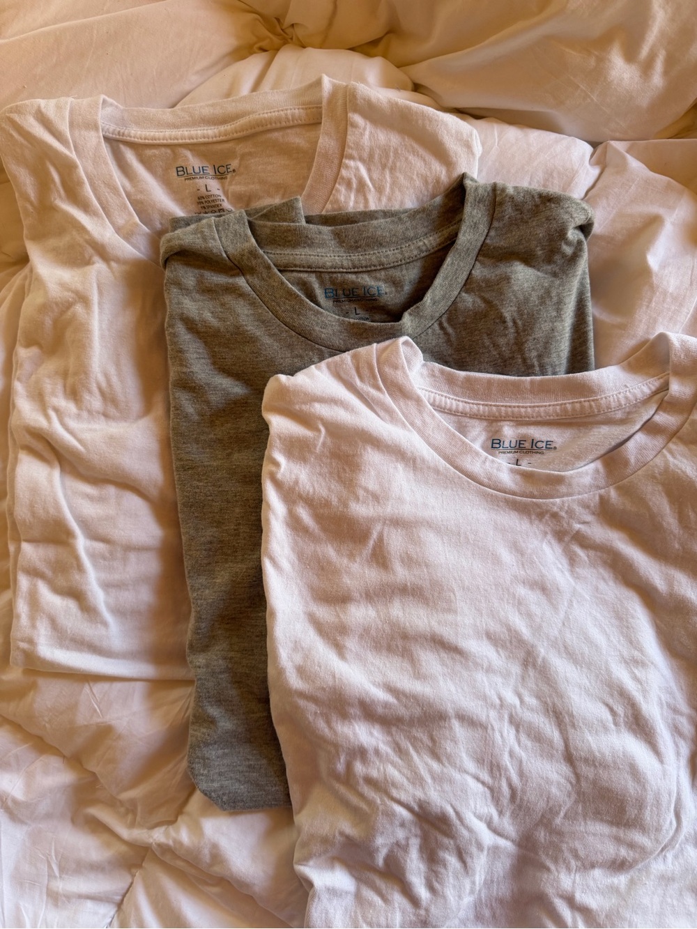3 tees: Blue Ice Crew Neck T-Shirt Trio - White (2) & Gray (1). NWOT.